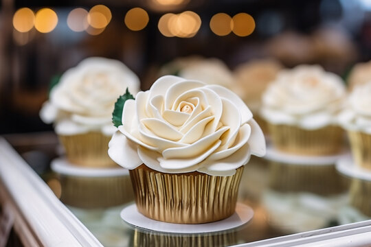 Elegant wedding cupcakes with white rose flower frosting