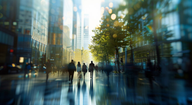 Corporate, Building And Business Group Of People Walking For City Exploration, Sustainable Living Or Office. Blurry, Silhouette And Movement Background For Architecture, Wallpaper And Eco Friendly