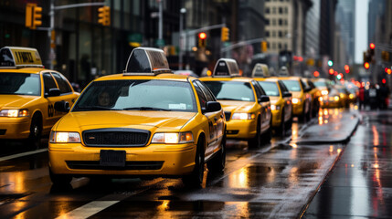 Traffic jam of Many modern yellow taxi cars on city roads in rainy weather.