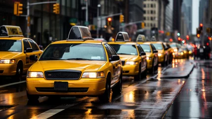 Deurstickers Traffic jam of Many modern yellow taxi cars on city roads in rainy weather. © liliyabatyrova