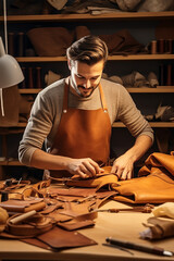  man working with leather, sewing handmade leather products in a workshop, selective focus