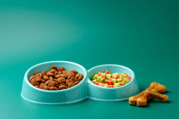 Bowl of dry pet food on green background