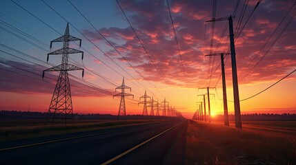 Fototapeta na wymiar the sun is setting behind a couple of power lines, in the style of light maroon and light green, free-flowing lines, dark blue and yellow, tenwave, uhd image, non-representational, post processing