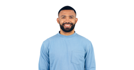 Man, portrait and happy with confidence for fashion with casual outfit, shirt and trendy style with beard. Face, smile and person with optimism and good mood isolated on a png transparent background