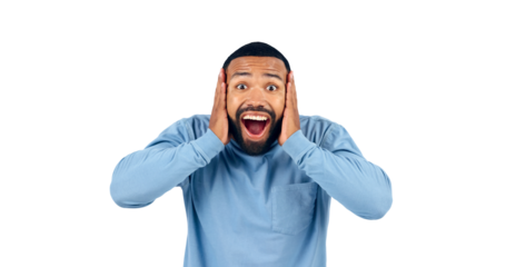 News, announcement and portrait of man with surprise for drama in transparent, isolated or png background. Wow, emoji and person excited for secret or hearing crazy gossip, information or story