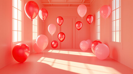 empty room interior decoration with surrounded red and pink balloons