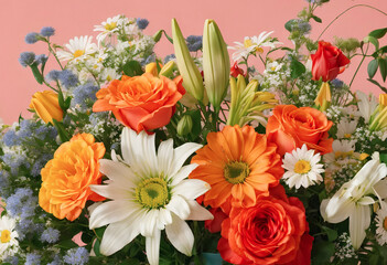 Naklejka na ściany i meble Still life with flowers in a vase. Roses, Chamomiles, Lilies. Gerberas, Asters. Valentine's Day. March 8. Mothers Day. Happy Thanksgiving. . Postcard