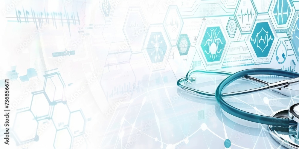 Leinwandbilder  A Stethoscope on the Forefront with Digital Health and Science Data Networks in the Background, Symbolizing Advanced Healthcare, Generative AI
