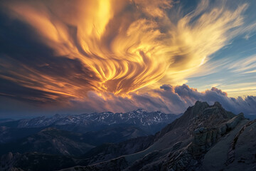 Dynamic Sunset Drama: Showcasing the Powerful Essence of Swirling Clouds Over Majestic Mountain Peaks - A Mesmerizing Cloudscape during the Golden Hour
