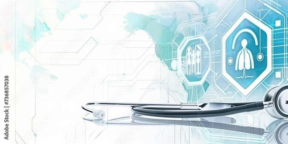 Poster  A Stethoscope on the Forefront with Digital Health and Science Data Networks in the Background, Symbolizing Advanced Healthcare, Generative AI