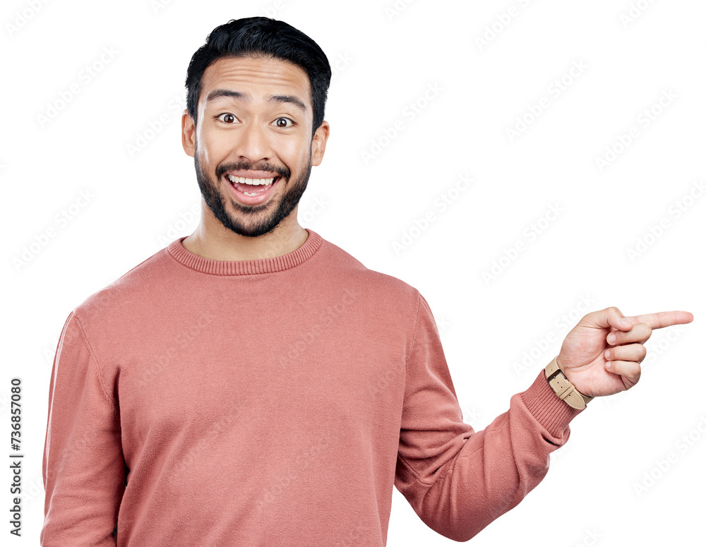 Poster man, portrait and pointing to direction or information for advertising, marketing and promotion with