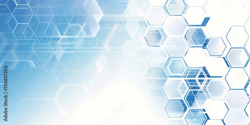 Poster A Minimalistic Geometric Array of Blue and White Hexagons Creating a Futuristic and Abstract Technology-Themed Background, Generative AI