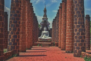 Mock up ancient white buddha from Wat Mahathat Sukothai at The Ancient City Samut Prakan (Thai words mean “Buddha”)