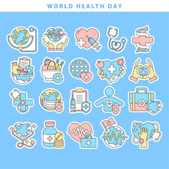World health day sticker icon collection in cute flat design stylle