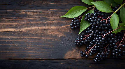 Bunch of fresh elderberry on old wooden background copy space, generative ai