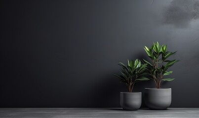 Empty room interior background with dark gray cement wall with copy space and pots with 3d plants - obrazy, fototapety, plakaty