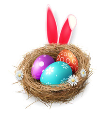 Easter eggs with a pattern in a straw nest with flowers, design element.