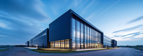 A modern R&D or logistics facility building. Glass hall. 