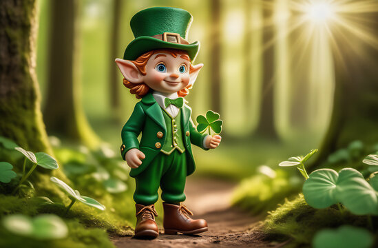 St. Patrick's Day. A little cartoon leprechaun with red hair in a green suit and a green hat stands on a forest path surrounded by shamrocks. design for postcards, flyers.
