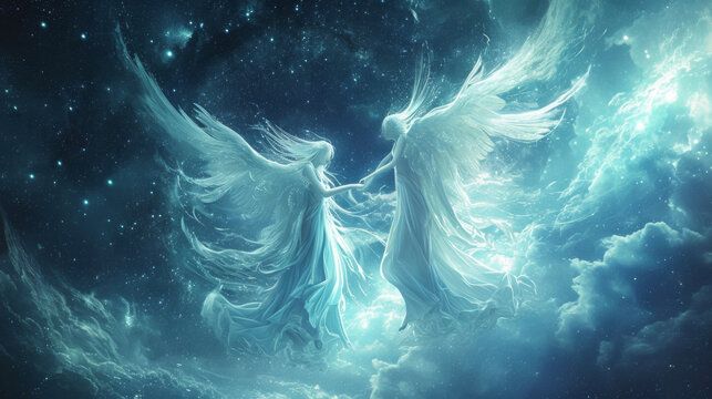 Ast a field of ling stars a pair of cosmic angels dance together their movements mirroring the ebb and flow of the universe.