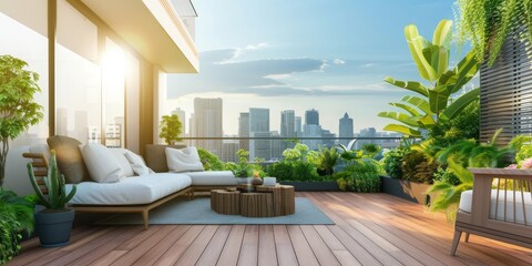 A Heat Pump at Modern and Stylish Balcony Overlooking the Bustling City Skyline, with Comfortable Lounge Furniture and Lush Greenery, Inviting Relaxation Amidst the Sky Scrapers, Generative AI - obrazy, fototapety, plakaty