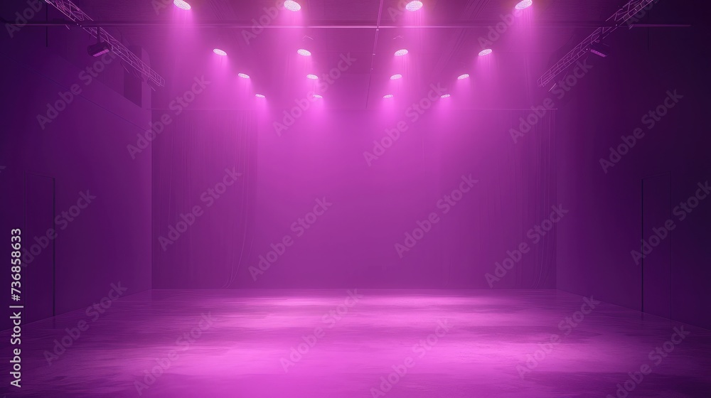 Poster background of empty room with spotlights and lights, abstract purple background with neon glow