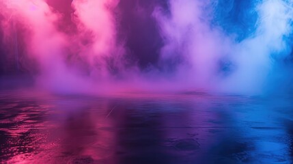 Background of empty room with concrete pavement. Blue and pink neon light. Smoke, fog, wet asphalt...