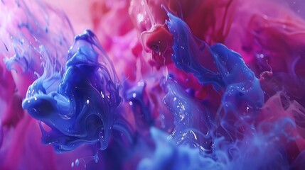 Beautiful abstraction of liquid paints in slow blending flow mixing together gently - obrazy, fototapety, plakaty