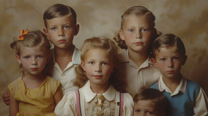 Vintage colored photo of family children with boys and girls from caucasian family from 1950s