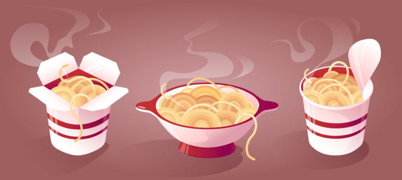 Hot ready to eat noodle in red bowl, paper box and plastic cup with steam. Cartoon vector illustration set of asian food for lunch in dish and takeaway package. Traditional delicious oriental meal.