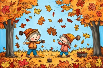 Fototapeta premium Cartoon cute doodles of a fall harvest festival, with characters picking apples, carving pumpkins, and enjoying fall treats, Generative AI