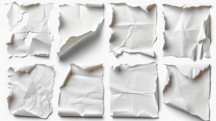 collection of white ripped pieces of news paper on on white background. each one is shot separately