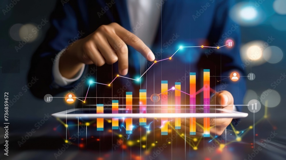Poster digital online marketing, businessman using tablet and analysis sale data graph growth on modern int