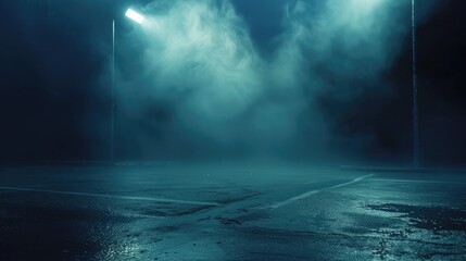 Dark street, wet asphalt, reflections of rays in the water. Abstract dark blue background, smoke,...