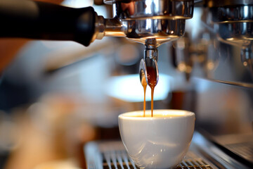 Close-up of espresso pouring from coffee machine in coffee shop. generative ai - obrazy, fototapety, plakaty