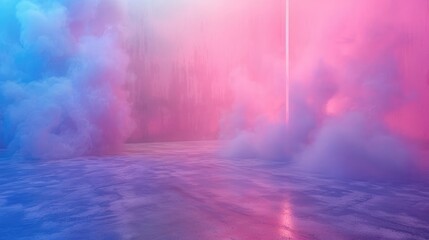 Empty scene with glowing pink and blue smoke environment atmosphere on floor. Fashion vibrant colors spectrum background. -