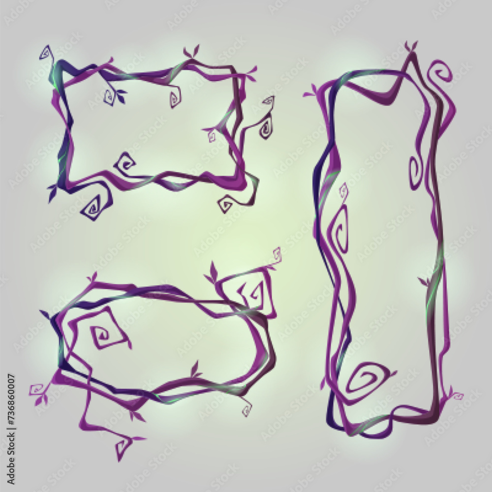 Poster spooky dry liana vines with glow and twisted branches in form of rectangle and oval frame for game u