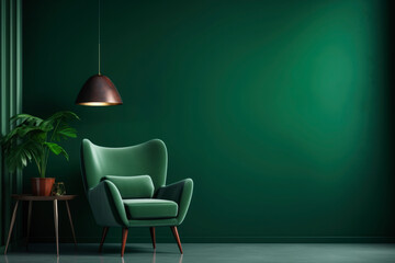 Experience the comfort and style of a modern living room, with a green armchair providing a pop of color against a dark green background, perfectly lit for a warm, inviting atmosphere.