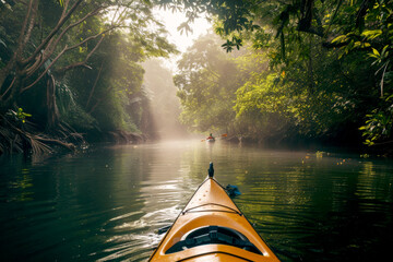 Fototapeta premium Man paddling a kayak down a river with a big copy space, Generative AI.