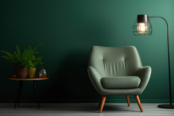 Elegant home decor captured in a cozy living room, where a green armchair stands out against a dark green wall under bright lighting, offering a serene retreat.