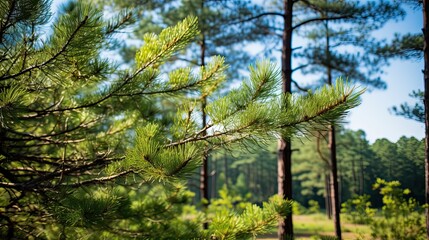 Fototapeta premium ultra realistic photo of beautiful nature with pine trees and sky, summer, soft sunlight breaks through the pine trees, a clearing in front of the forest