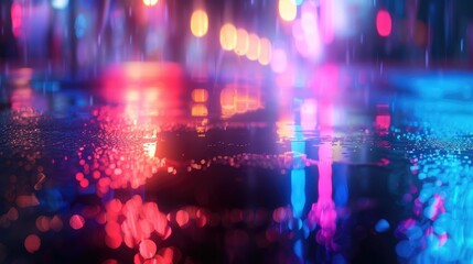 Multi-colored neon lights on a dark city street, reflection of neon light in puddles and water. Abstract night background, blurred bokeh light. Night view.