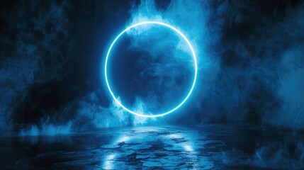 Neon blue color geometric circle on a dark background. Round mystical portal. Mockup for your logo. Futuristic smoke.