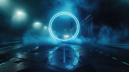 Neon circle on a dark street background, wet asphalt. Blue neon, smoke, smog. Night view of a...