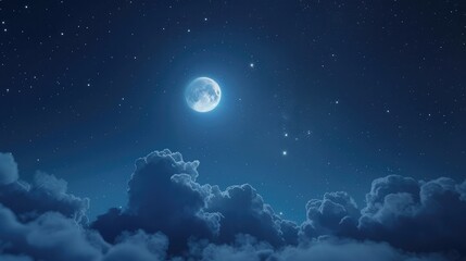 Naklejka na ściany i meble Night sky with full bright moon in the clouds