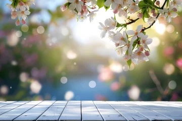 Fotobehang Empty wooden table in spring season with garden bokeh background . AI generated illustration © Phichitpon