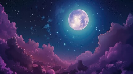 Obraz premium Night sky with full bright moon in the clouds