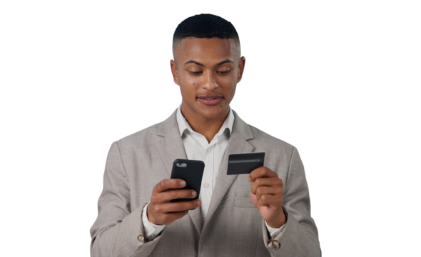 Phone, search or businessman with credit card for startup loan or payment on isolated, transparent or png background. Smartphone, online shopping or entrepreneur for sign up app, budget or investment