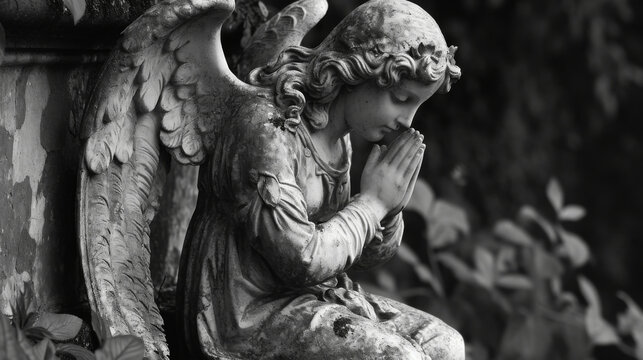 In a quiet corner of a castle courtyard a Gothic angel statue sits serenely its hands clasped in prayer as if in deep contemplation.