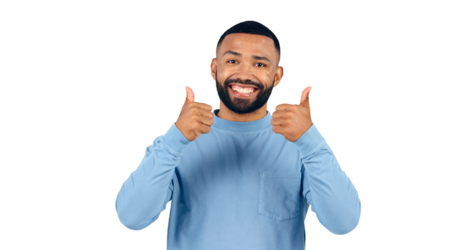 Thumbs up, agreement and portrait of happy man with positive attitude isolated on transparent png background. Thank you, smile and person yes hand gesture for success, emoji and achievement of goal.